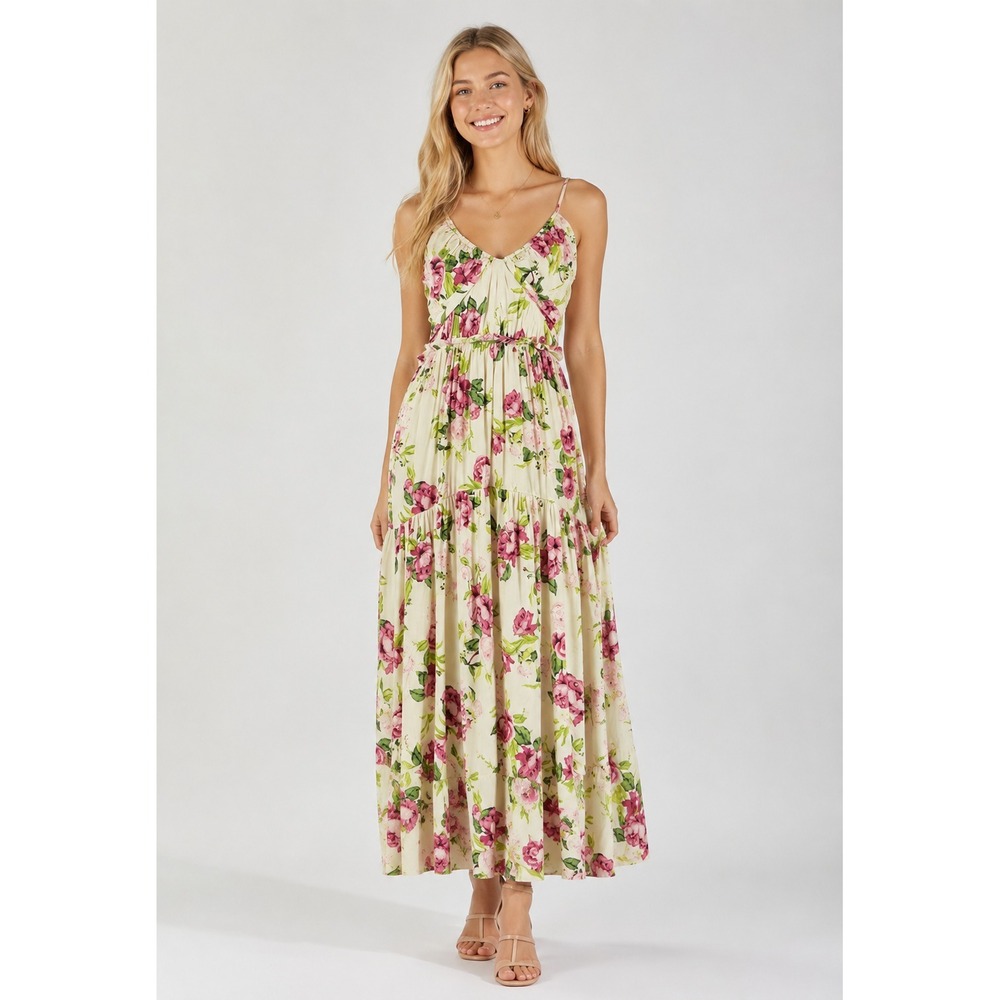 Rachel Roy‎ Floral Maxi Dress Open White Pink Peony Cottagecore Summer Size 8